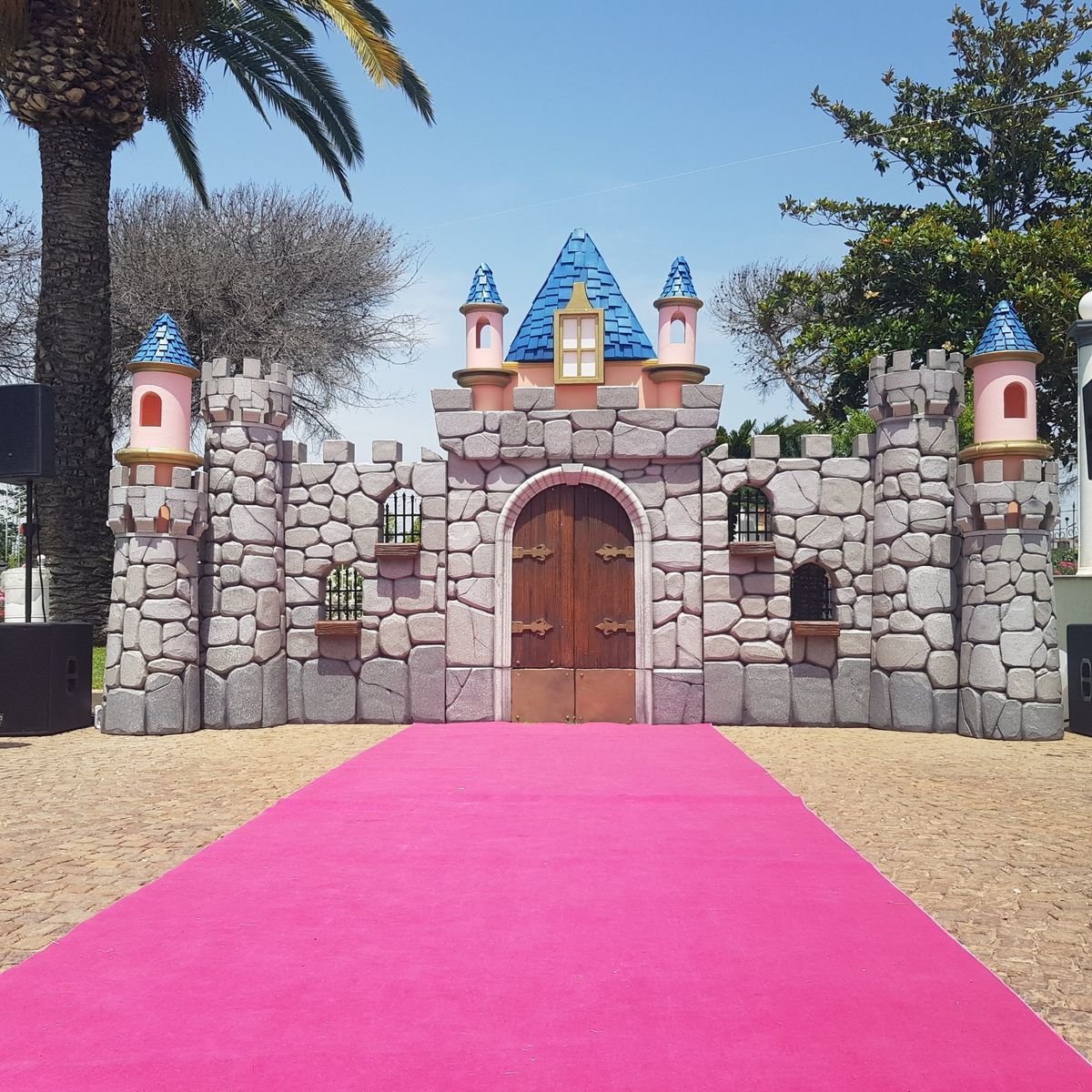 Tappeto rosa che conduce alla facciata di un castello da favola con tetti blu e dettagli rosa.