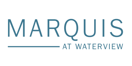 Marquis at Waterview logo in blue and gray text on a white background