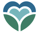 Blue and green heart-shaped leaf logo on a white background