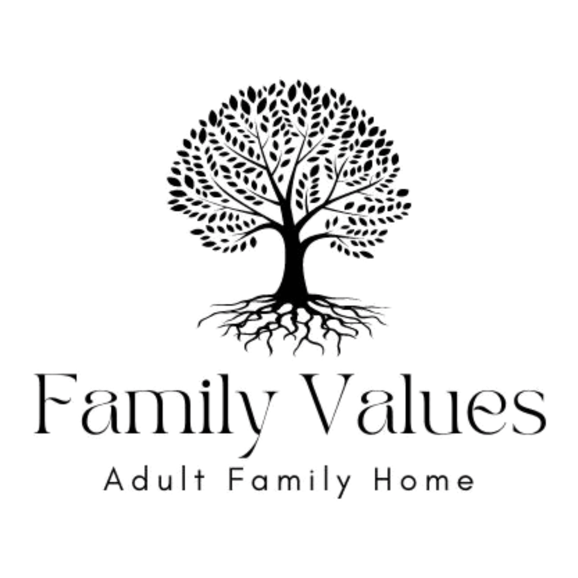 Illustrated house with floral accents and the words “FAMILY VALUES” beneath it