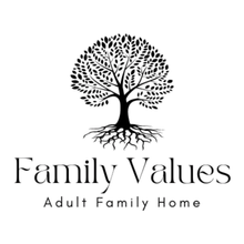 Illustrated house with floral accents and the words “FAMILY VALUES” beneath it