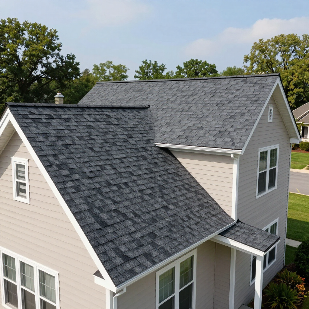 Roofing workers repairing a gray shingle roof in a suburban neighborhood