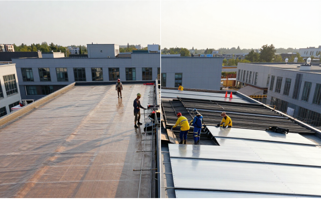 Workers on a rooftop installing white membrane roofing on a flat industrial building.