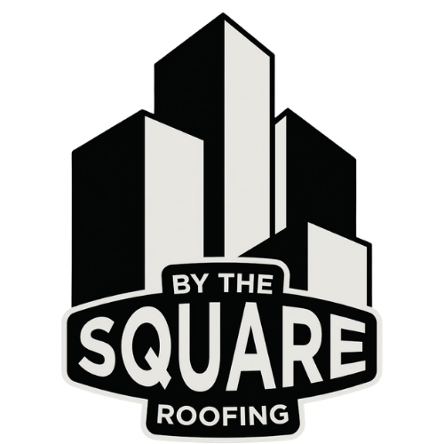 Black-and-white logo reading &ldquo;By the Square Roofing&rdquo; with stylized buildings above the text