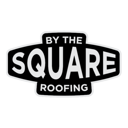 Black-and-white By The Square Roofing logo with bold square-shaped text
