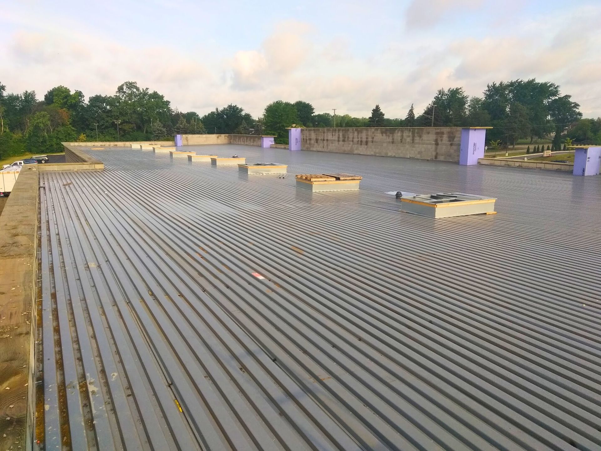 Rooftop covered with corrugated metal sheets, with several vents and a tree-lined horizon under a cloudy sky.