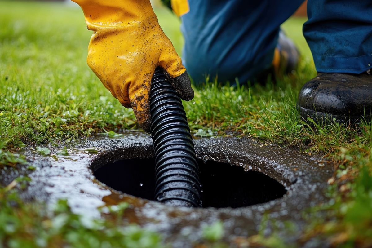 A person is using a vacuum hose to clean a drain.