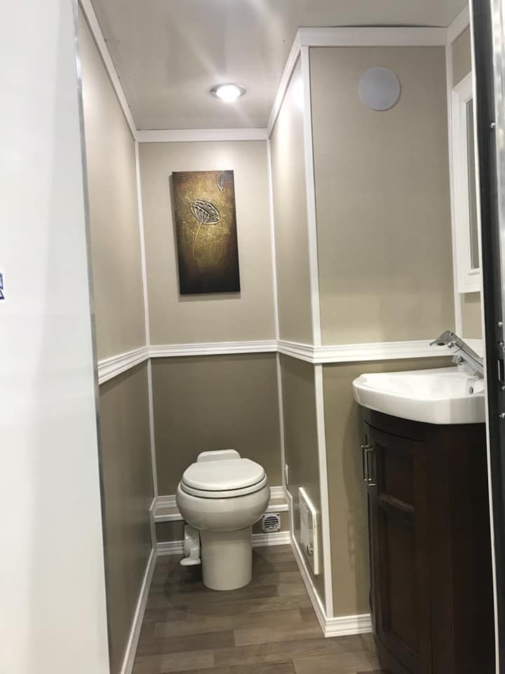 A bathroom with a toilet , sink and a painting on the wall.