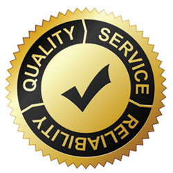 A gold and black seal that says quality service reliability