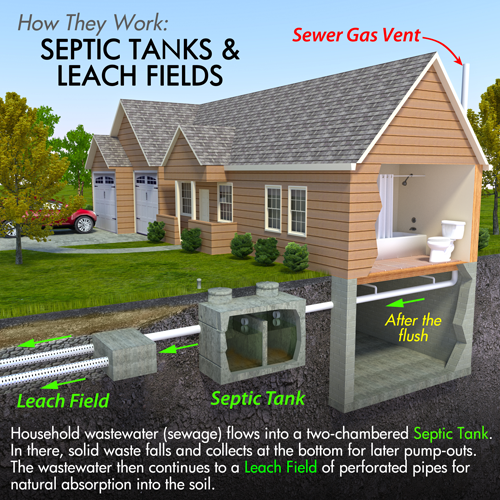 A diagram showing how septic tanks and leach fields work
