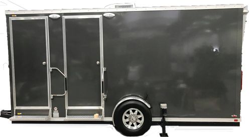 A gray trailer with a door and a wheel on a white background.
