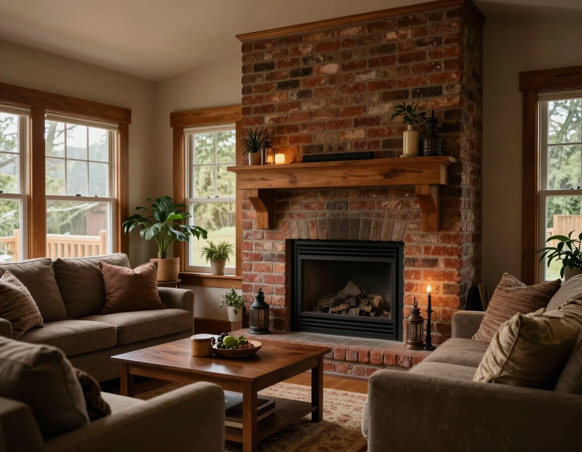 Cozy living room with a brick fireplace, large windows, and brown sofas around a coffee table.