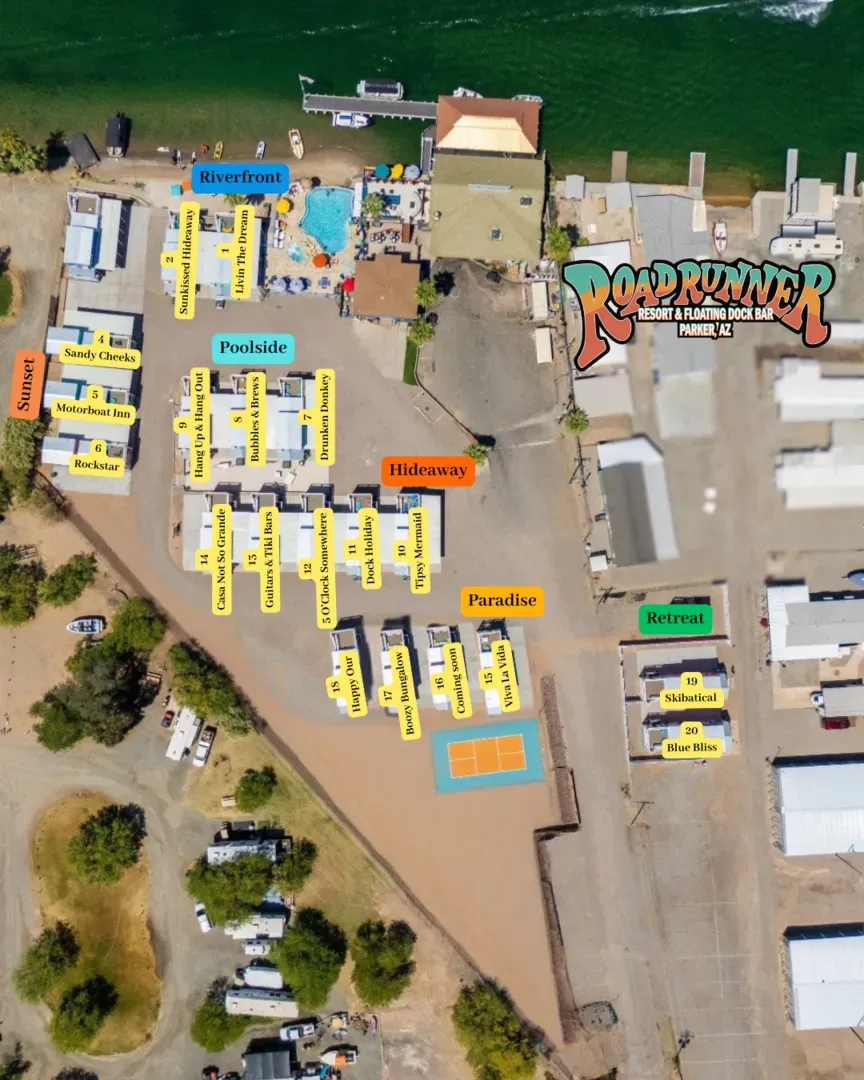 An aerial view of bungalows to stay at.