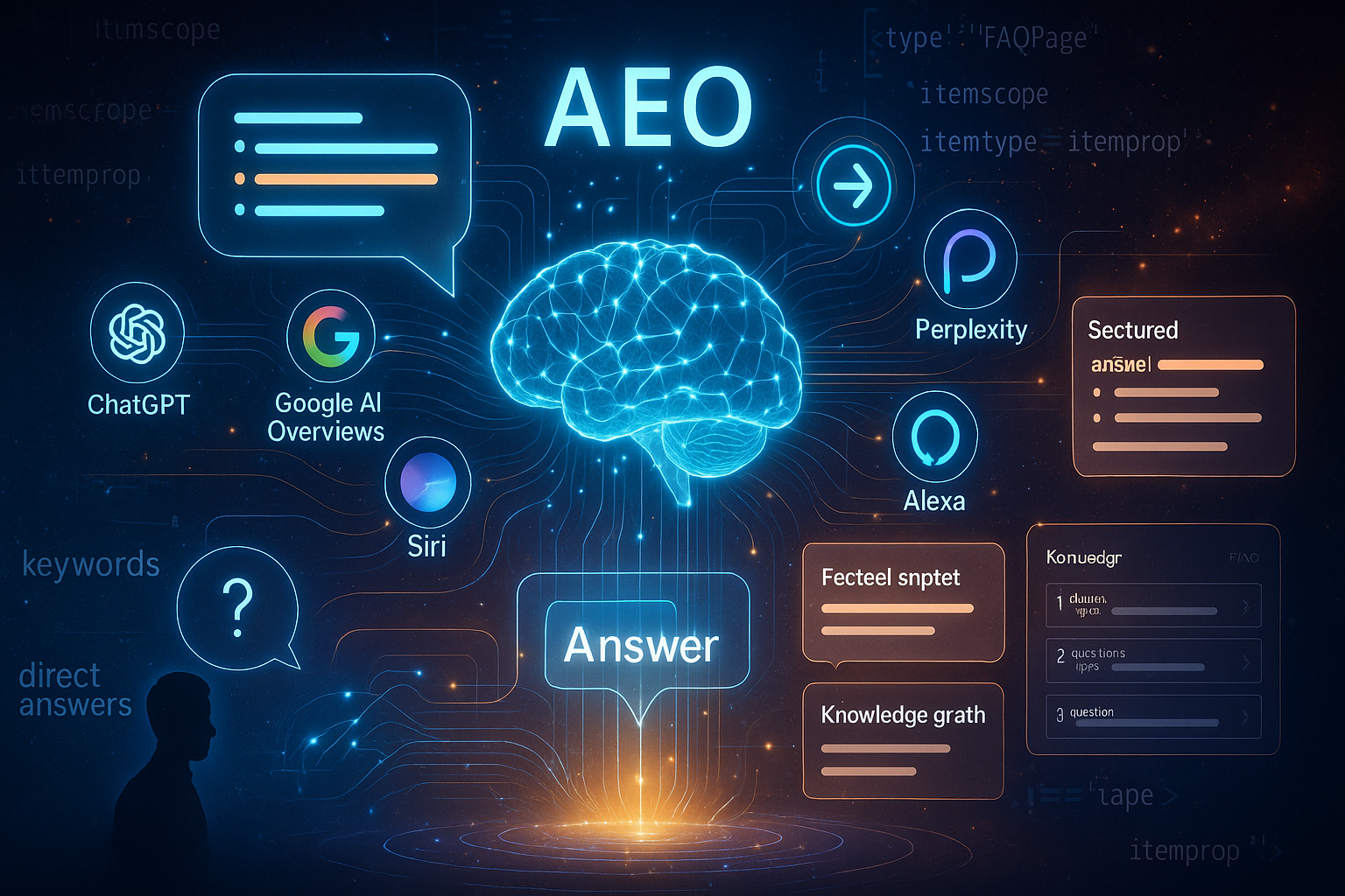 This image captures the cutting-edge concept of AEO, highlighting:
? AI-Powered Answer Engines — ChatGPT, Google AI Overviews, Perplexity, Siri & Alexa
? Direct Answer Delivery — precise, structured responses to user queries instantly
? Featured Snippets & Knowledge Panels — zero-click results that dominate search
? Structured Data & Schema Markup — helping AI engines understand and surface your content
❓ Question-Based Content Strategy — FAQs, how-tos, and conversational content that AI references
⚡ Instant Intent Matching — connecting user questions to authoritative answers in real time