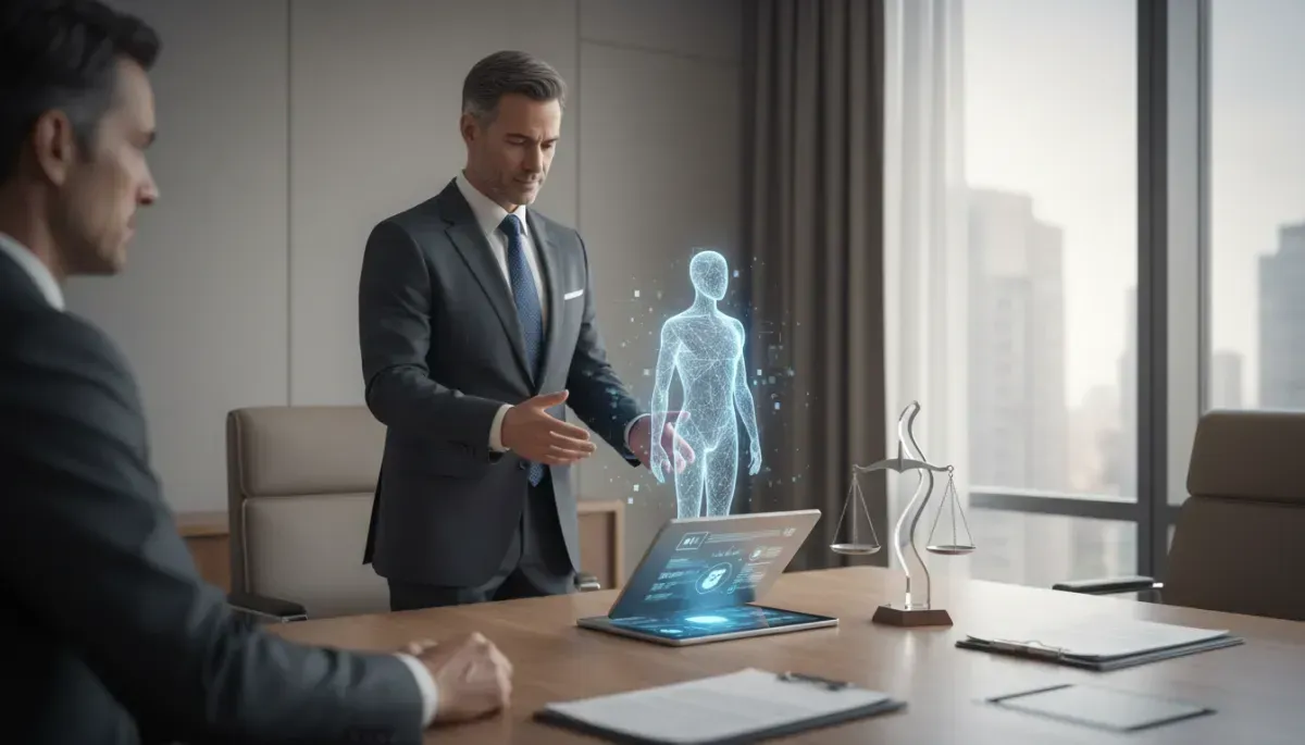 A professionally dressed person stands in a modern conference room, gesturing toward a holographic human figure projected above a tablet on a meeting table. Another person is seated nearby, observing the presentation. A set of scales, legal documents, and a city skyline visible through large windows suggest a legal or business setting involving advanced technology, artificial intelligence, or digital representation.