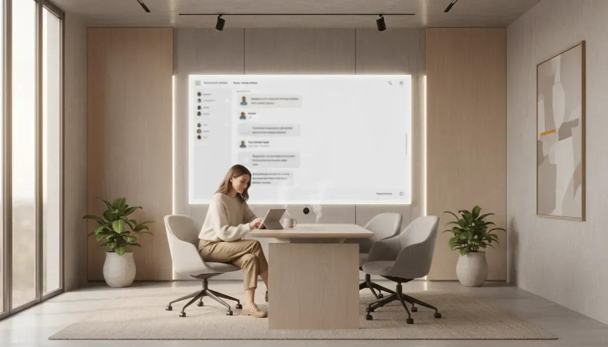 A woman sits at a conference table in a bright, modern office, working on a tablet or laptop, with four empty chairs, potted plants, and a large wall display behind her.