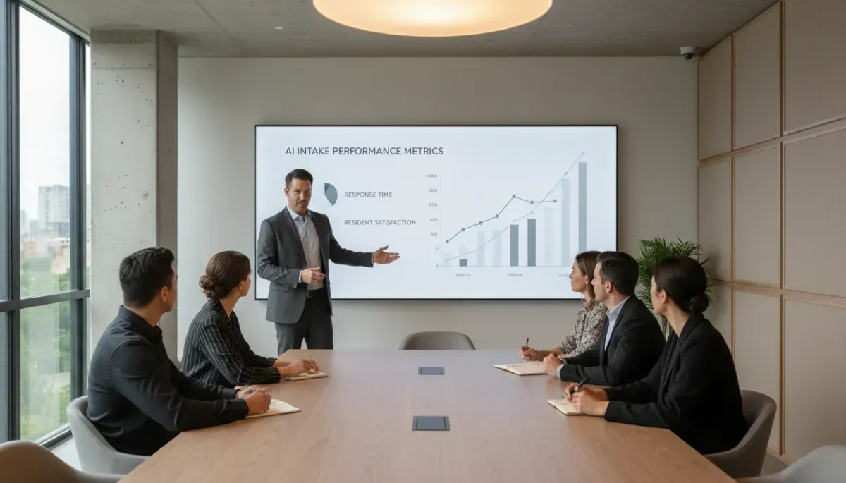 A business professional stands at the front of a conference room presenting performance data on a large wall-mounted screen to five colleagues seated around a meeting table. The screen displays charts and graphs labeled “AI Intake Performance Metrics,” including response time and resident satisfaction trends. Team members are taking notes and looking toward the presenter in a modern office with large windows and natural light.