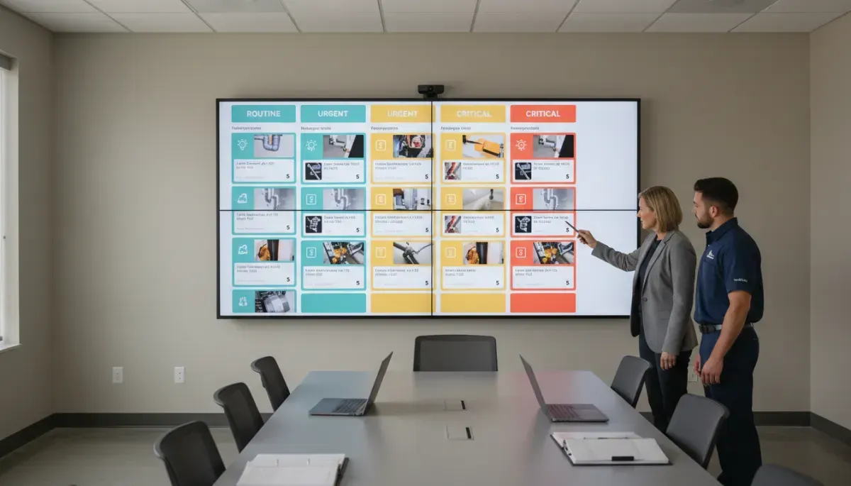 A modern conference room with a long meeting table and several chairs. Two people stand near a large wall-mounted display showing a color-coded maintenance or task management dashboard organized by priority levels such as Routine, Urgent, and Critical. One person is pointing at an item on the screen while the other looks on. Laptops and documents are placed on the table, suggesting a team meeting or operational review.
