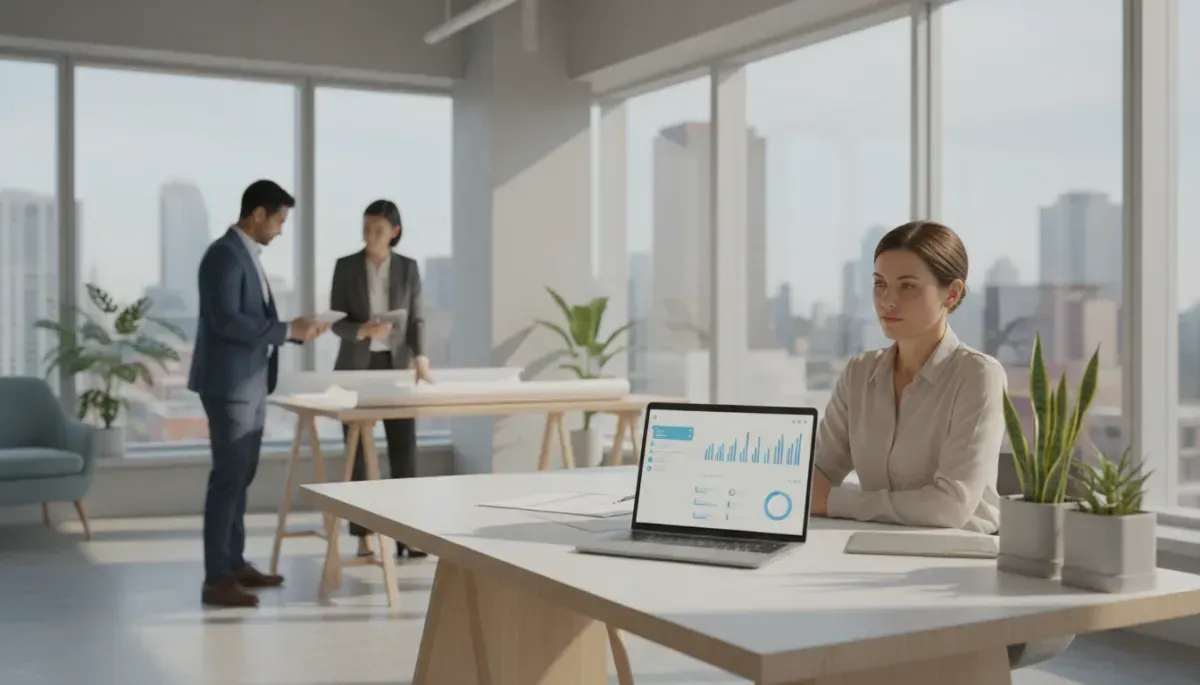 A modern office scene with three coworkers: a woman seated at a desk in the foreground beside an open laptop showing charts, while two colleagues stand and talk near the windows in the background.