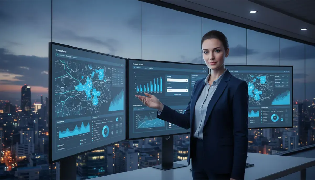 AI-powered property analytics dashboard displaying real estate market data, investment insights, interactive maps, and performance metrics with a business professional presenting the platform.