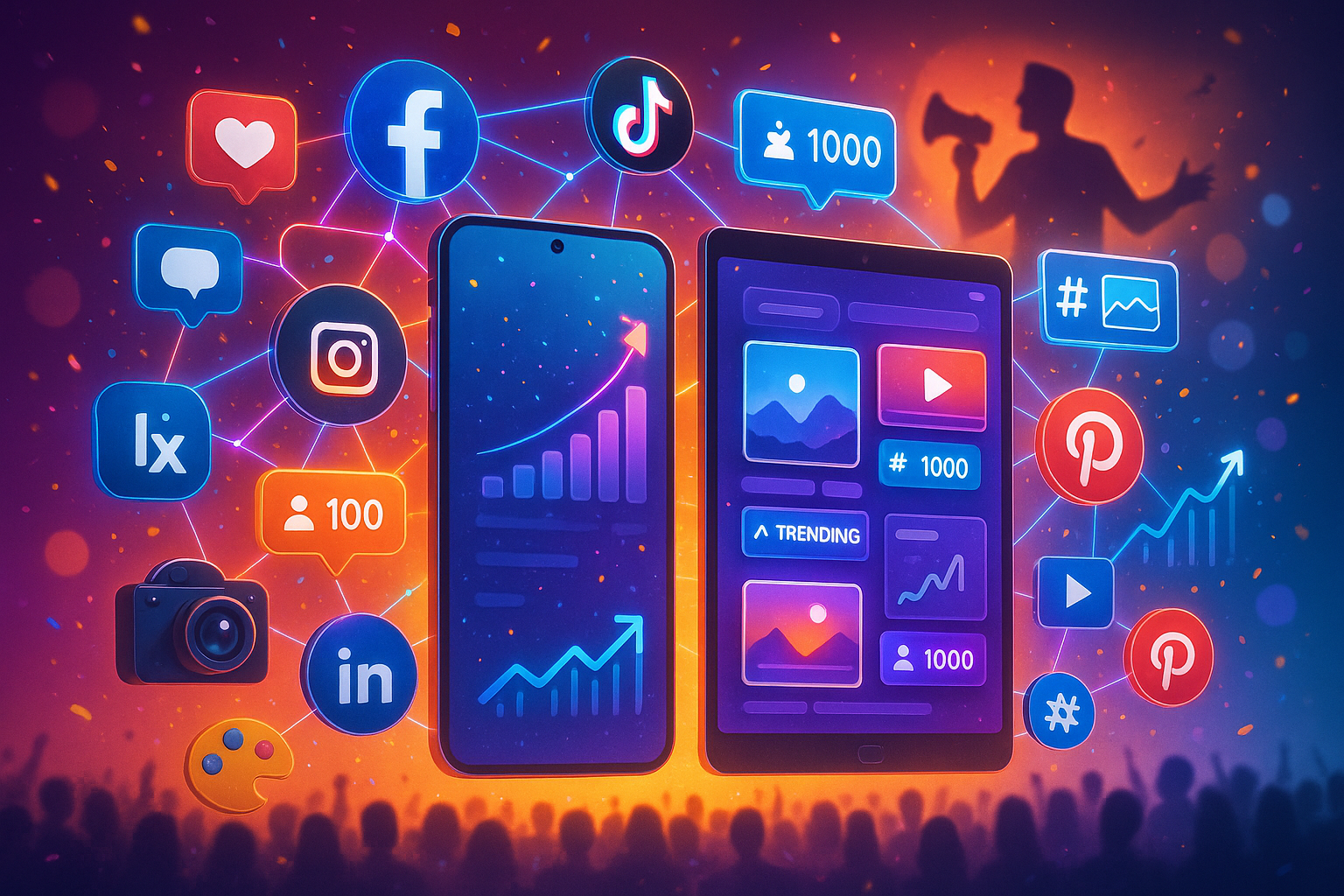 This image brings to life the full power of social media marketing, featuring:
?? Multi-Platform Presence — Facebook, Instagram, TikTok, LinkedIn, YouTube & more
❤️ Engagement Metrics — likes, comments, shares, and viral reach
? Explosive Growth — follower growth, impressions, and skyrocketing analytics
? Content Creation — photos, videos, reels, and trending posts
#️⃣ Hashtag Strategy — amplifying visibility and discoverability
? Network Effect — interconnected platforms working together for maximum reach