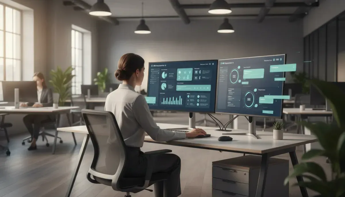 Photorealistic neutral-color open-plan office where an AI specialist tests automated customer communication workflows on dual monitors, one screen showing a CRM dashboard and the other displaying test conversations and metrics, calm professional lighting
