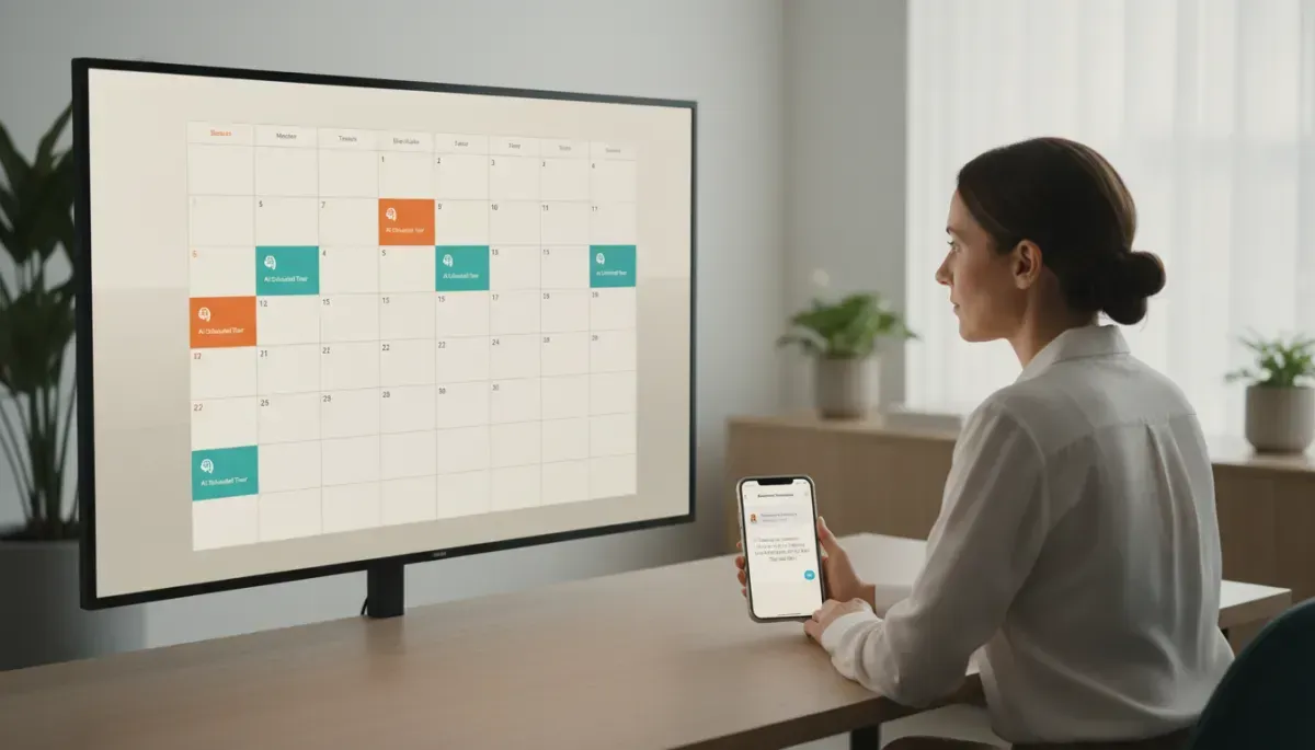 A woman sits at a desk in a bright office, looking at a large monitor displaying a monthly calendar with several color-coded scheduled events. She holds a smartphone showing a related scheduling or notification screen. Potted plants and soft natural light create a clean, professional workspace, suggesting calendar management or appointment scheduling.