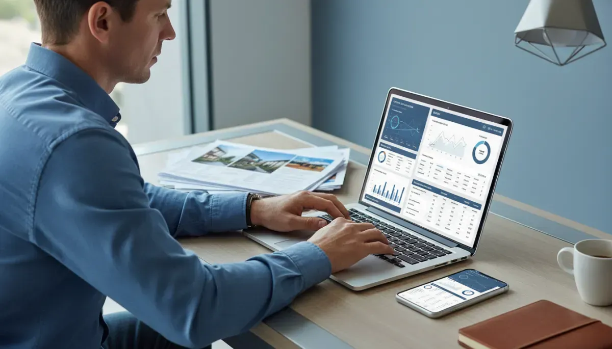 Real estate investor using an online property investment calculator dashboard to analyze cash flow, ROI, rental income, and financial performance on a laptop and smartphone.