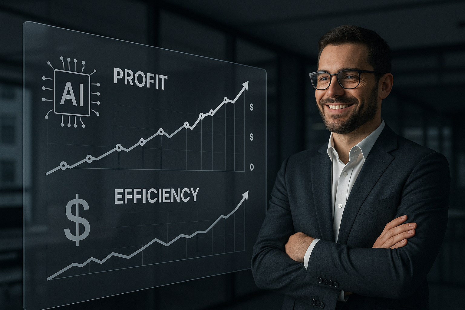 Man smiling; chart in the background showing increase in profit and efficiency.