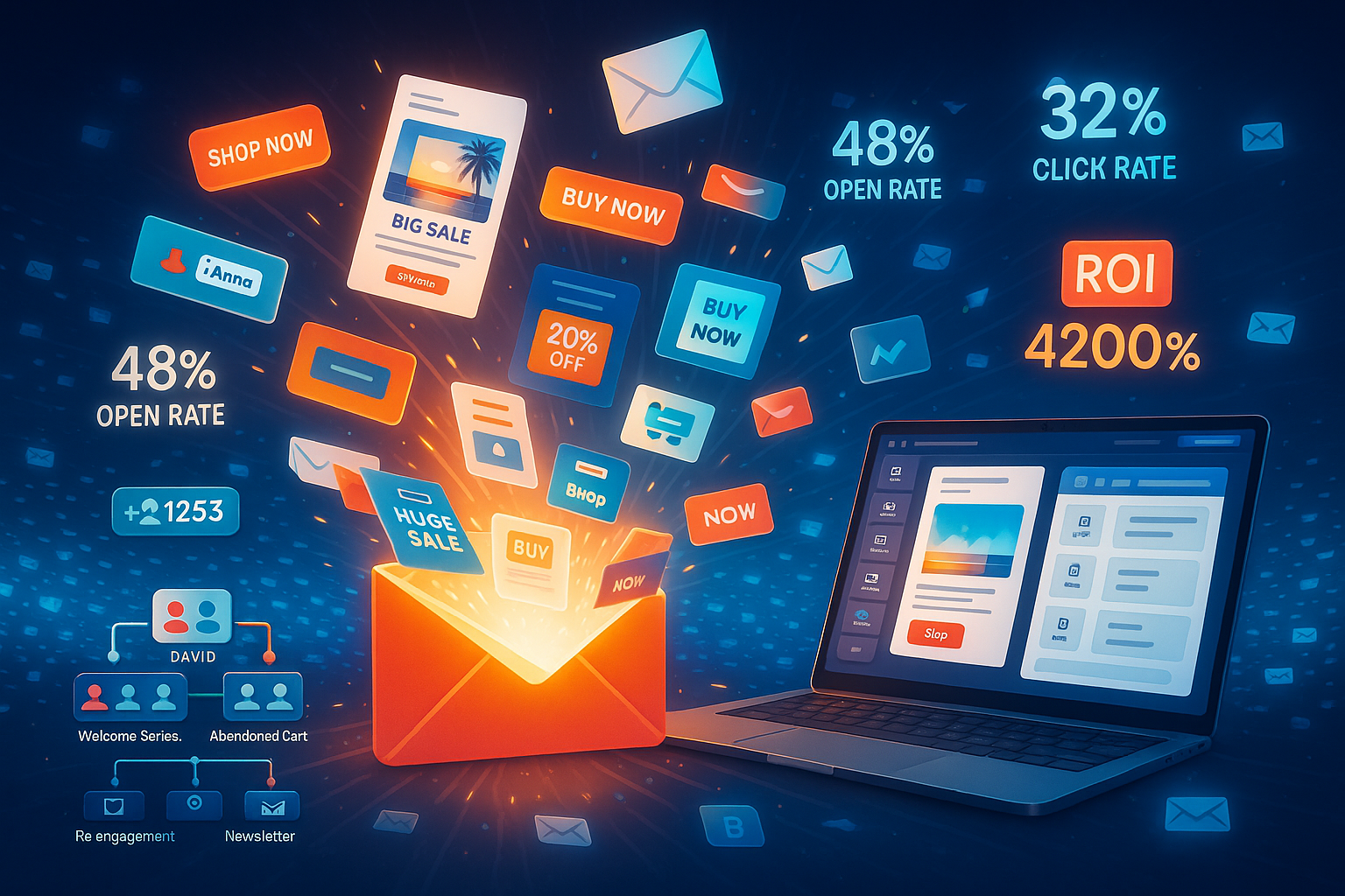 This image powerfully brings email marketing to life, featuring:
✉️ Mass Email Delivery — thousands of personalized campaigns sent at scale instantly
�� Stunning Campaign Design — beautifully crafted newsletters, banners & promotional emails
�� Incredible ROI — email marketing delivers an average return of 4,200% ROI
�� Audience Segmentation — hyper-targeted campaigns delivered to the right people
⚡ Marketing Automation — Welcome Series, Abandoned Cart, Re-engagement flows & more
�� A/B Testing — optimizing subject lines and content for maximum performance
�� Real-Time Analytics — open rates, click rates, and conversions tracked live