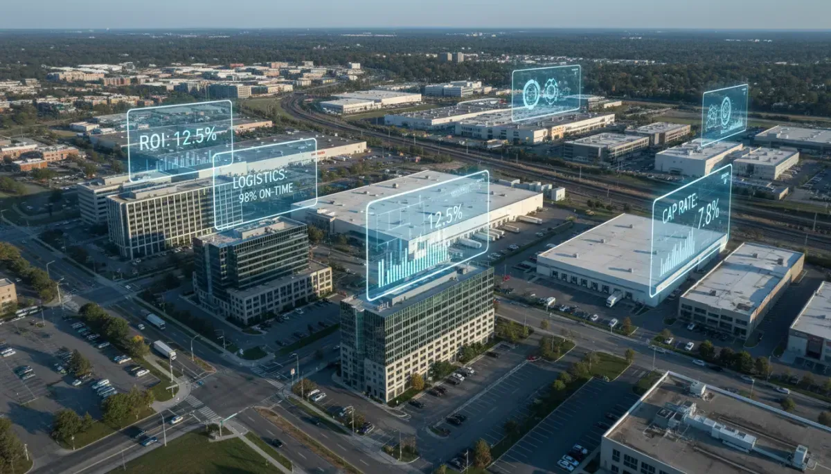 Aerial view of a commercial real estate district with AI-powered analytics overlays displaying ROI, cap rate, logistics performance, and investment metrics for data-driven property analysis.