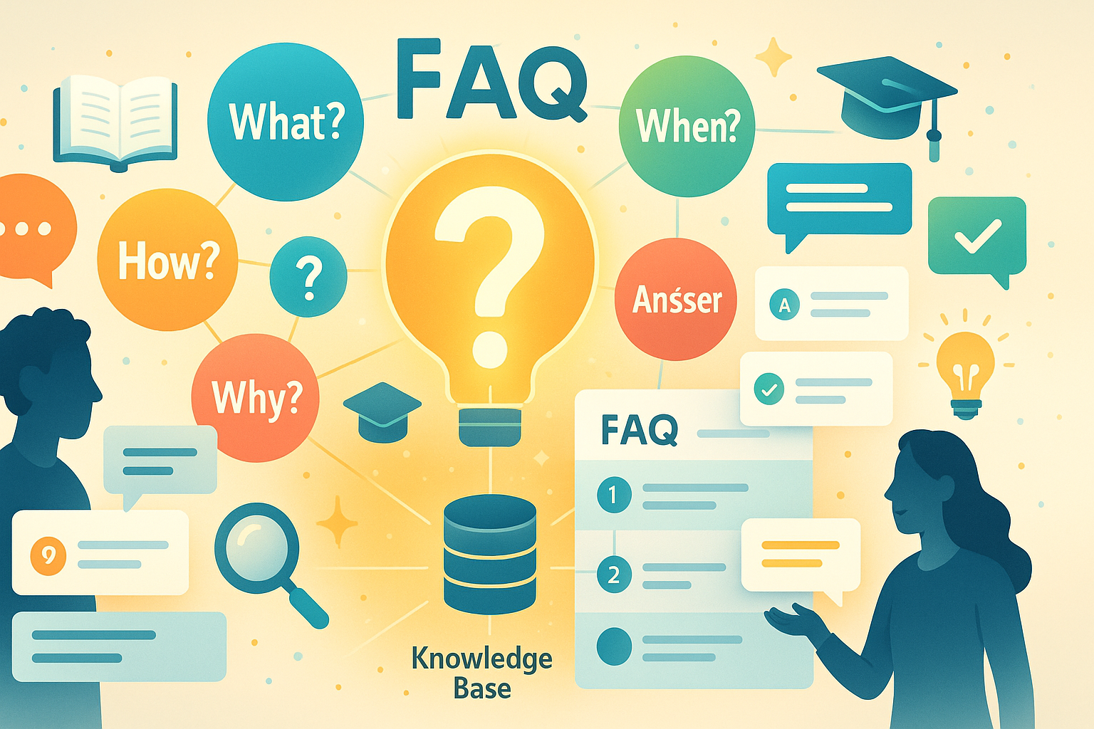 This image beautifully captures the essence of FAQs, showcasing:
❓ The Power of Questions — How, What, Why, When, and Where answered with clarity
�� Knowledge Base Hub — a central repository connecting all questions to instant answers
✅ Resolved Queries — clean accordion FAQ panels with clear, structured answers
�� Human-Centered Support — friendly, approachable assistance for every question
�� AI-Assisted Answering — intelligent bots helping surface the right answers instantly
�� Expertise & Authority — building trust through well-organized, comprehensive answers
⚡ Self-Service Experience — empowering users to find answers quickly without waiting