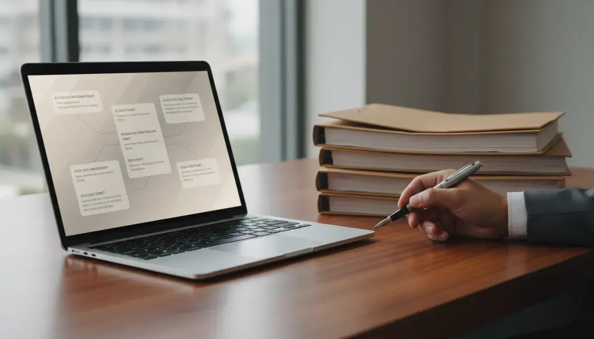 A laptop displaying a digital workflow or document-mapping interface sits on a wooden desk beside a stack of bound files. In the foreground, a person in business attire holds a pen while reviewing information on the screen. Large windows in the background provide natural light, creating a professional office setting focused on document management, legal research, or workflow analysis.