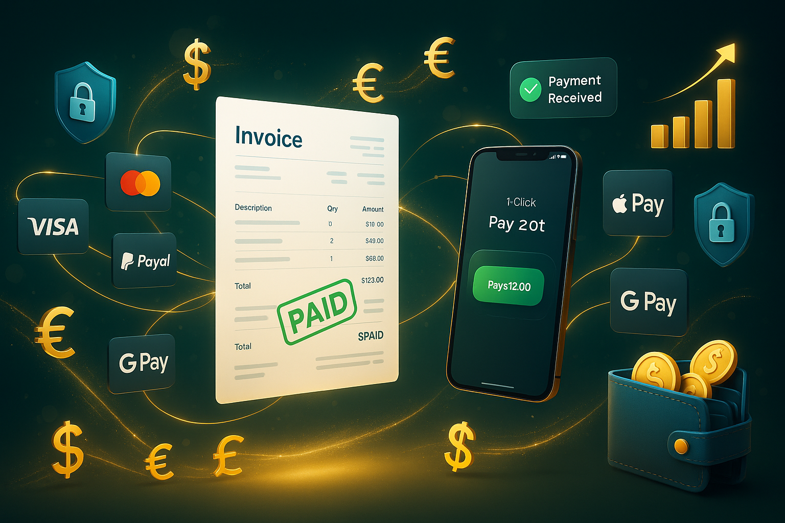 This image beautifully captures the world of digital payments and invoicing, showcasing:
? Digital Invoicing — clean, professional invoices sent and paid instantly
? Multiple Payment Methods — credit cards, Apple Pay, Google Pay, PayPal & more
✅ Real-Time Payment Notifications — instant confirmations and 