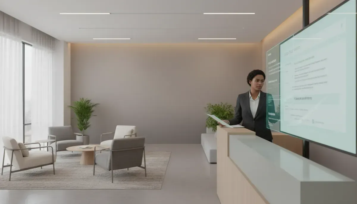 A modern office reception or meeting area with neutral-toned furnishings, including armchairs, a small round table, and indoor plants. On the right, a professionally dressed person stands behind a reception desk holding documents while interacting with a large transparent digital display showing application or form information. Floor-to-ceiling windows and minimalist design elements create a bright, contemporary business environment.