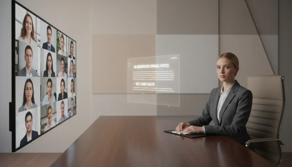 A woman in a business suit sits at a conference table in a modern office, facing a wall display of video-call participants while a floating screen shows AI-generated intake notes and key case facts.