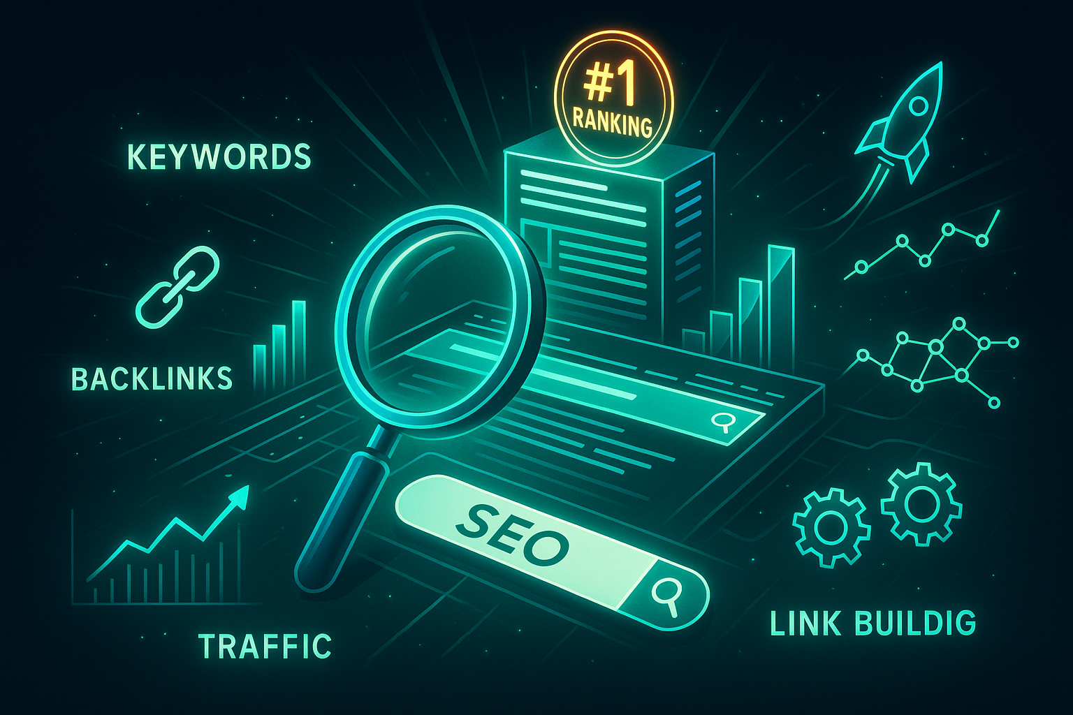 This image beautifully captures the core pillars of SEO, including:
? Keyword Research — targeting the right search terms
? Rankings & Traffic Growth — climbing to the #1 spot on search engines
? Link Building — interconnected backlinks boosting domain authority
⚙️ Technical SEO — optimizing site structure and performance
? Organic Growth — driving sustainable, long-term traffic without paid ads
? Analytics & Insights — tracking performance and refining strategy