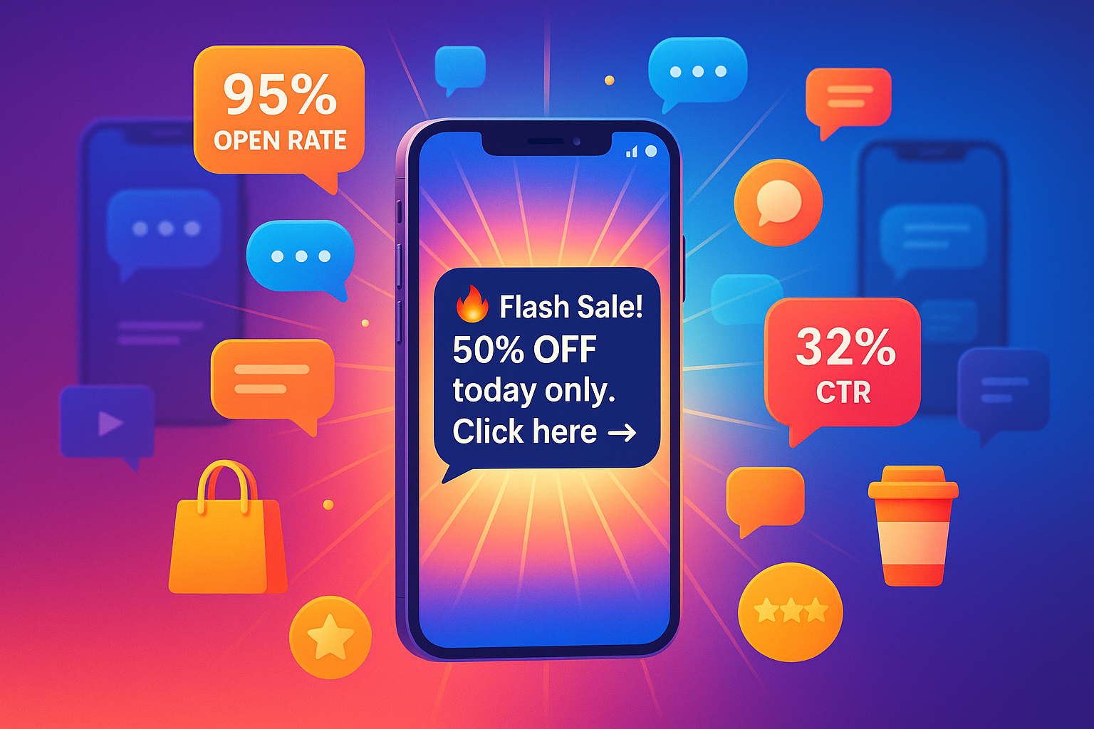This Image provides elements such as: Mass Text Messaging — reaching thousands of customers instantly
 Promotional Campaigns — flash sales, offers, and CTAs
 Engagement Metrics — open rates, click-throughs, and conversions
 Multi-Industry Reach — from retail to hospitality and beyond
Speed & Impact — real-time delivery with high open rates
