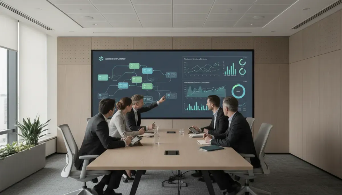 Photorealistic neutral-toned modern office boardroom where a small group of business owners and AI consultants sit around a table reviewing workflow diagrams and dashboards on a large wall-mounted screen, soft natural light, professional atmosphere
