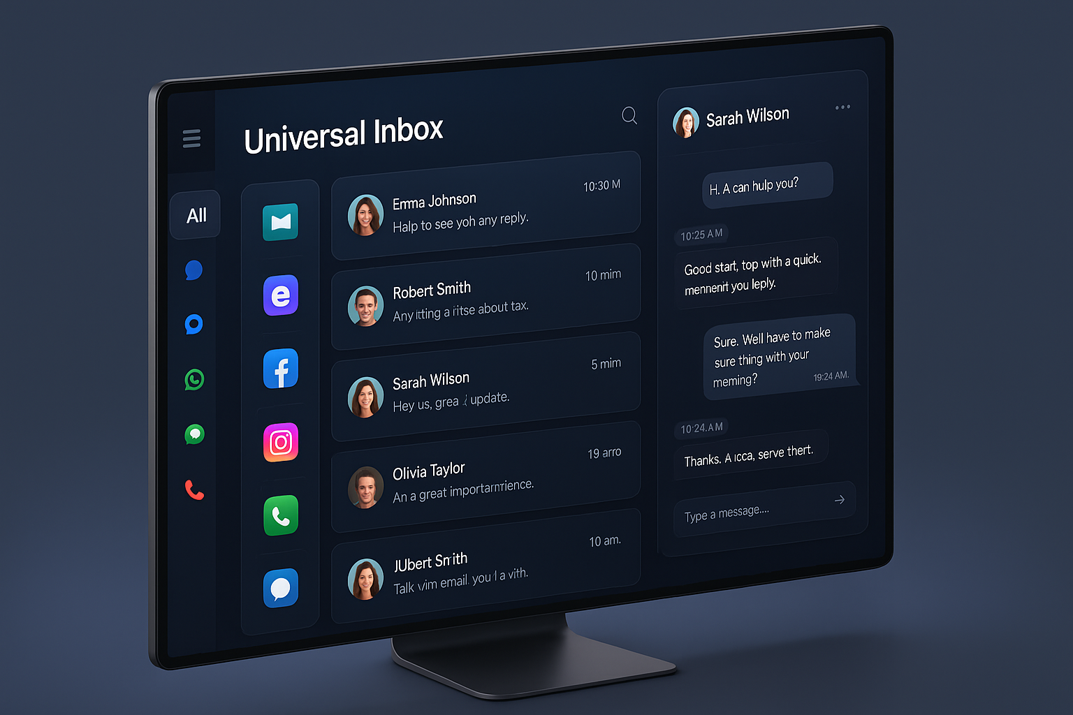The image showcases a unified messaging hub that brings together all communication channels in one place, including:
? Email
? SMS / Live Chat
? Facebook & Instagram DMs
? WhatsApp
? Phone Calls