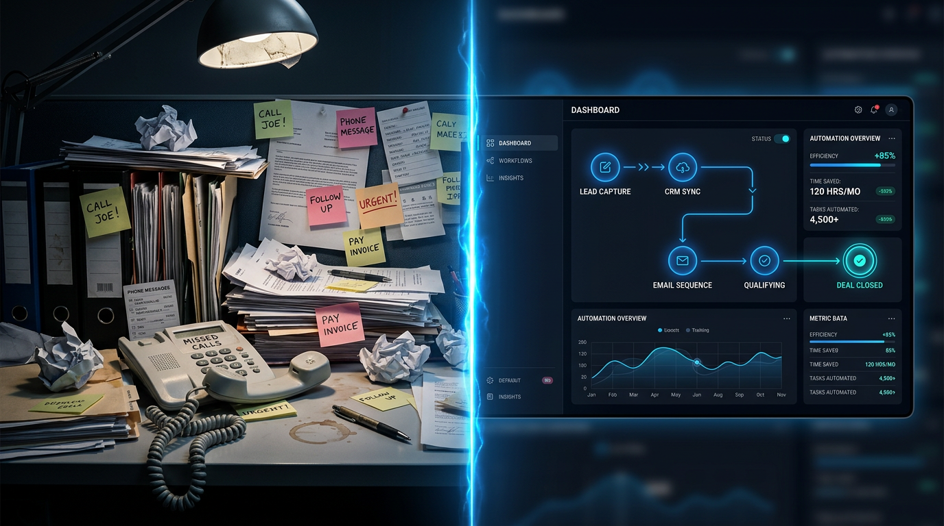 A bold, cinematic split-screen graphic contrasting manual, disorganized business operations on the left against a sleek, automated digital workflow dashboard on the right — separated by a glowing electric blue line. Ideal as the hero banner for a workflow automation service page.