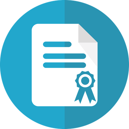Document with a seal and lines, within a blue circle.
