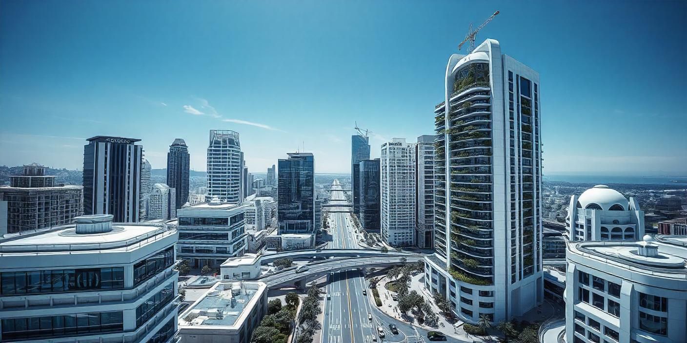 An aerial view of a city with lots of tall buildings and a bridge.