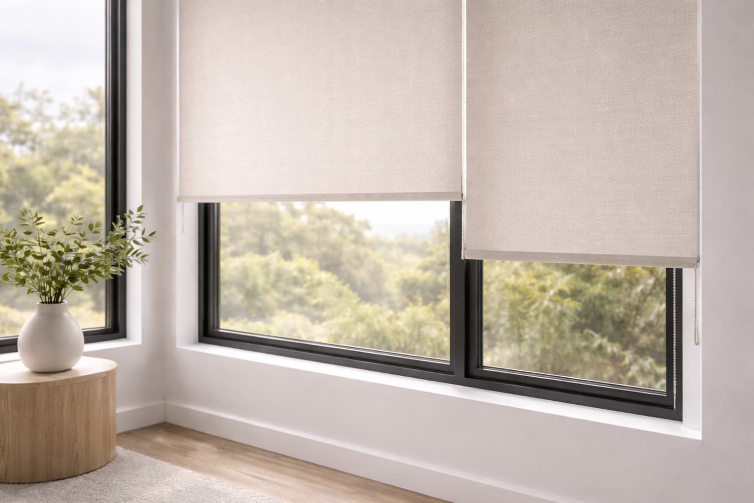 Close up of panelled roller blind half open on window looking out over garden area with building in the background.
