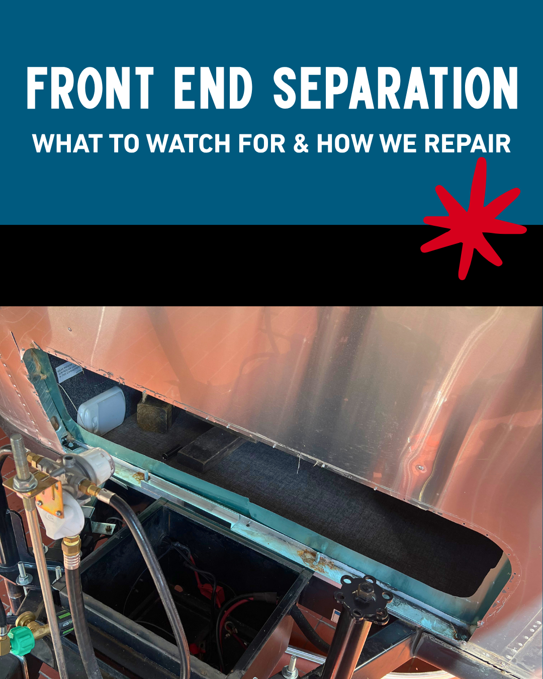 Image with an Airstream trailer taken apart showing front end separation (FES)