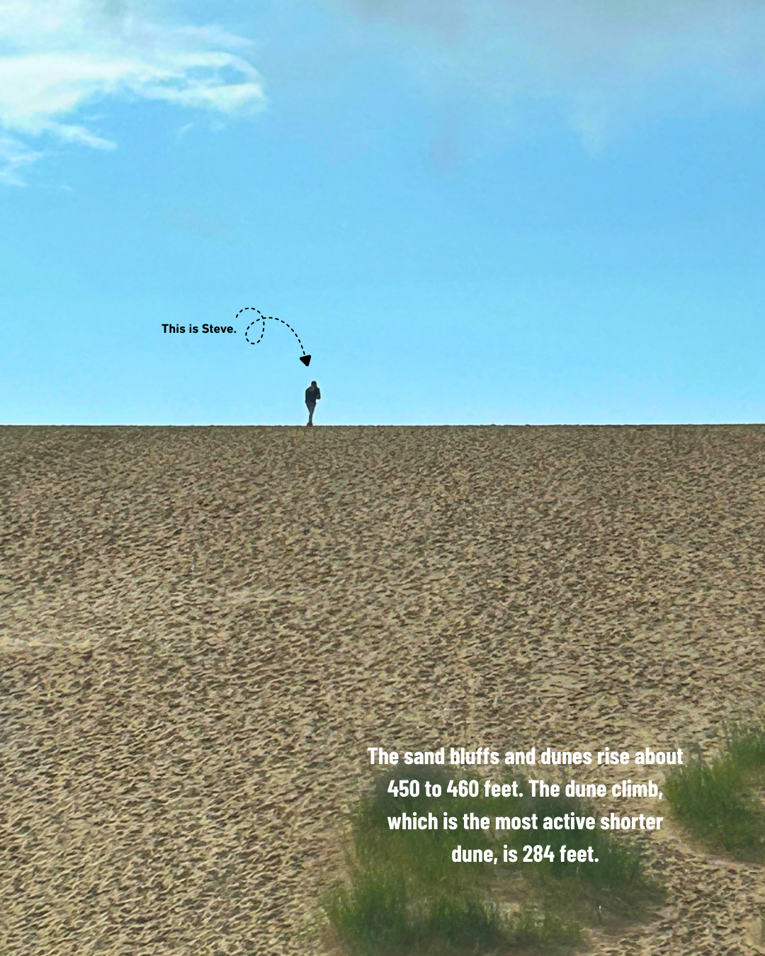 Person stands on horizon under blue sky, illustrating size difference between Earth and sky.