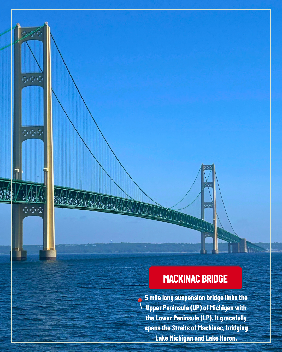 Mackinac Bridge over blue water under a clear sky, with a red “MACKINAC BRIDGE” label at bottom right.