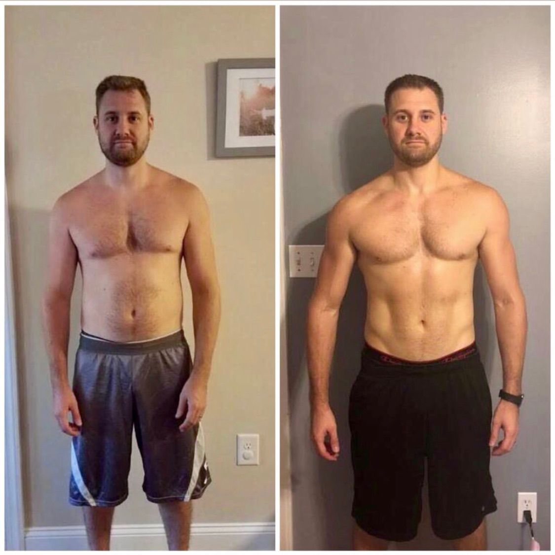 A before and after photo of a shirtless man