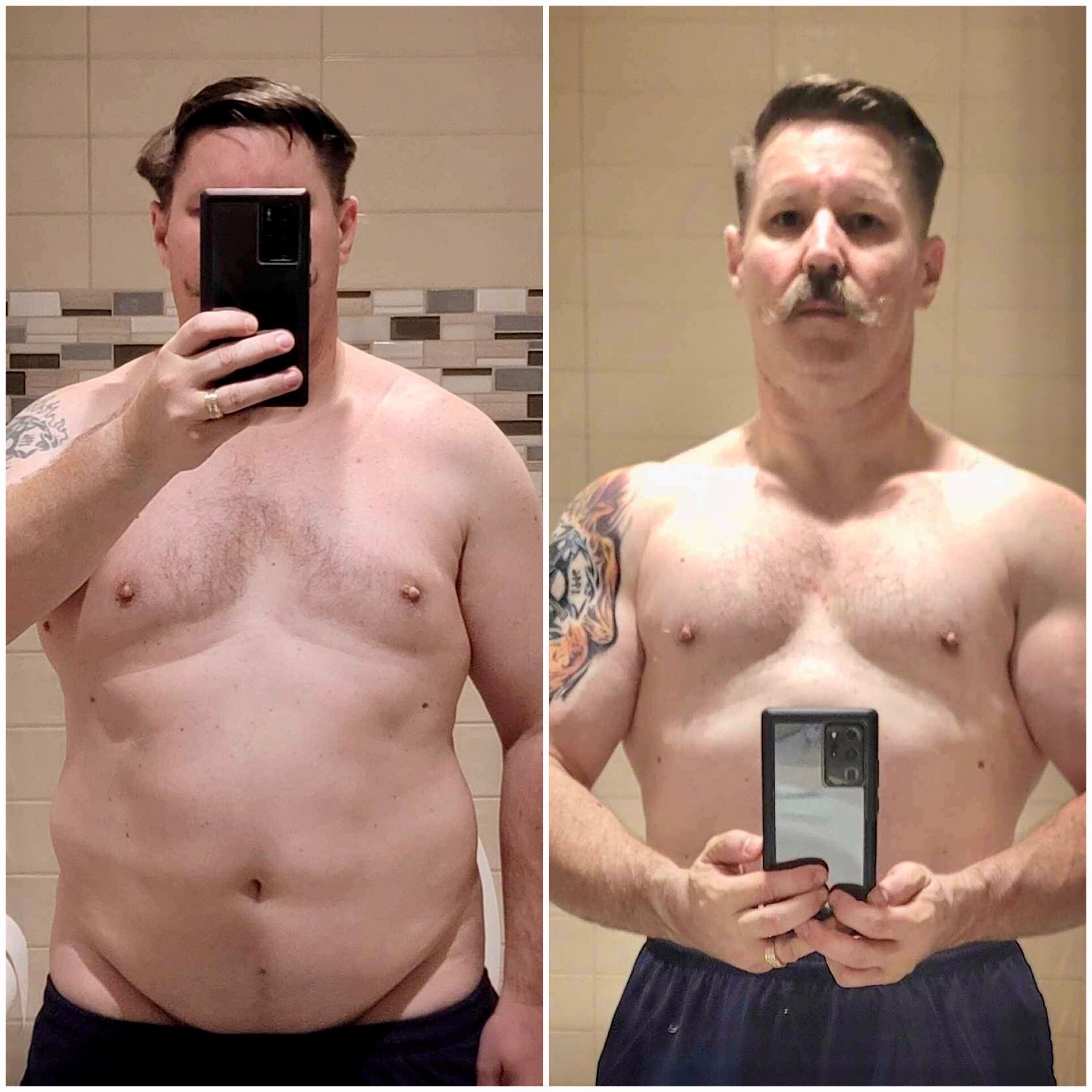 A man is taking a picture of himself before and after losing weight.