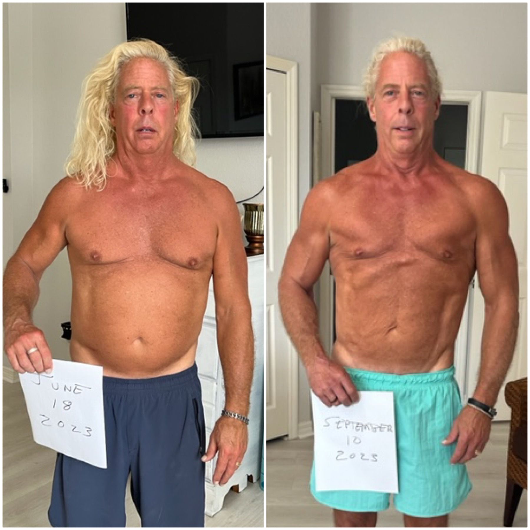 A before and after picture of a man holding a piece of paper